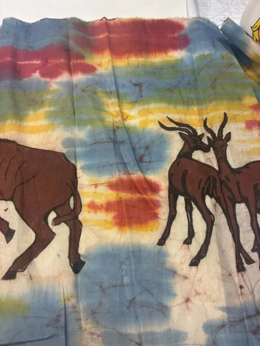 Vintage Hand-Dyed African Batik Fabric Wall Hanging with Antelope Motif